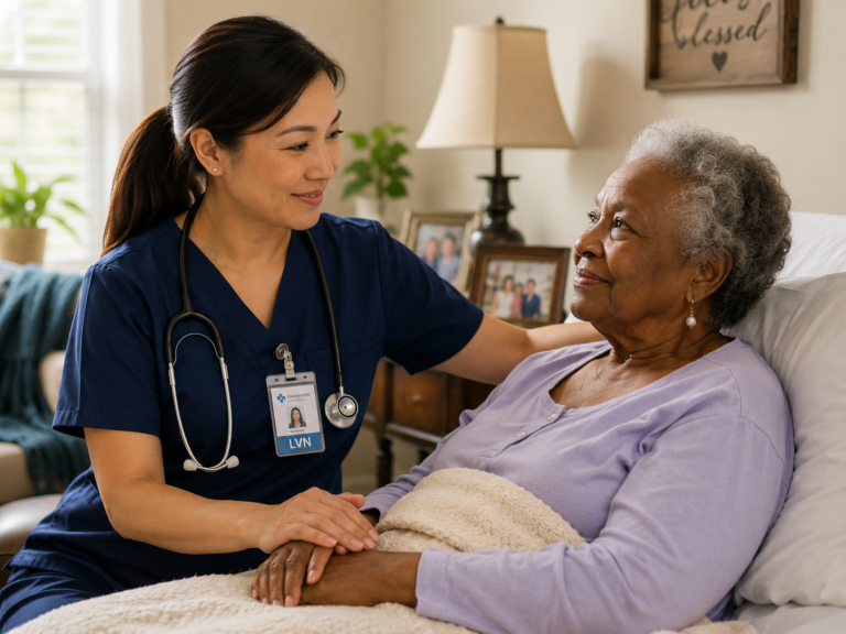 Asian LVN providing compassionate home health care to an elderly African American patient in a warm home setting.