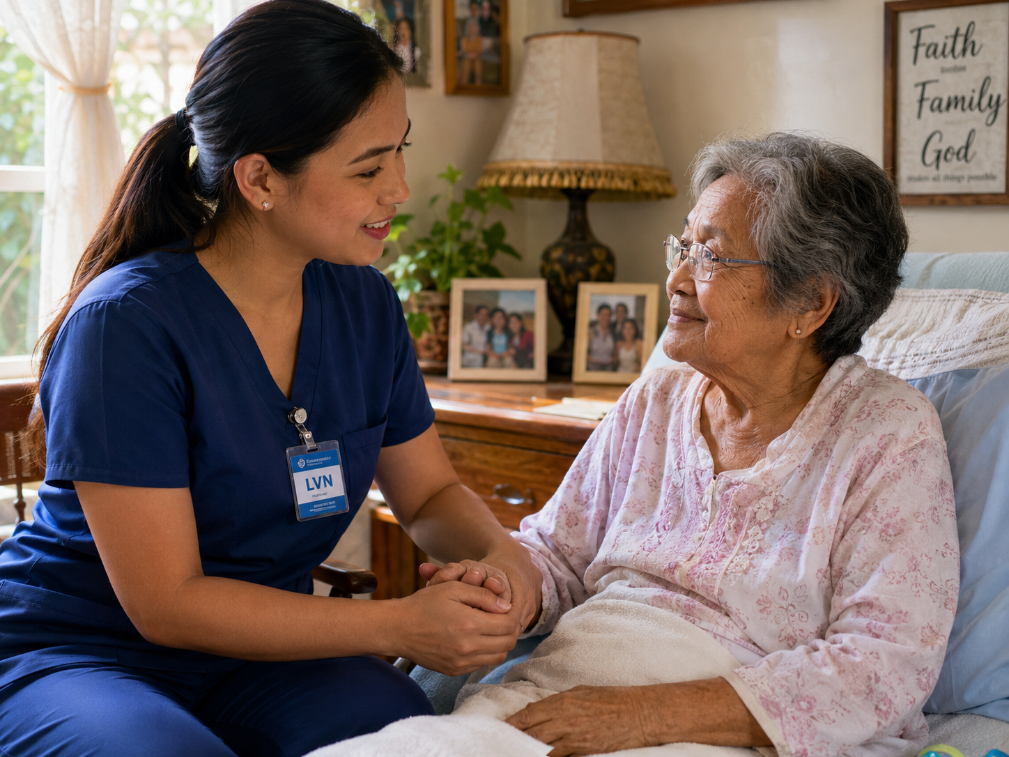 Filipino LVN providing compassionate home health care to an elderly Filipino patient in a warm and comfortable home setting.
