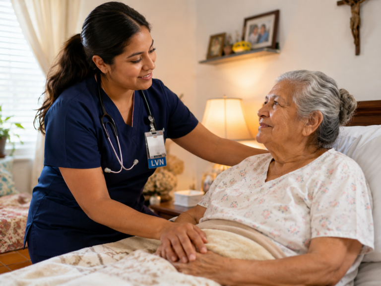 Hispanic LVN providing compassionate home health care to an elderly Hispanic patient in a comfortable home setting.