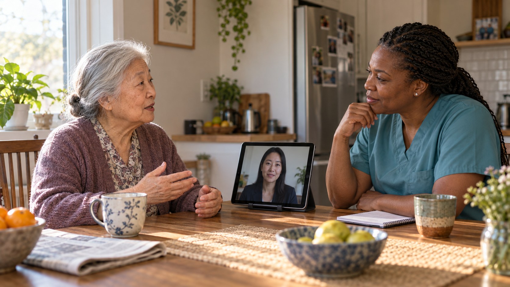 A home health nurse and an elderly patient in conversation at a kitchen table, supported by a professional interpreter.