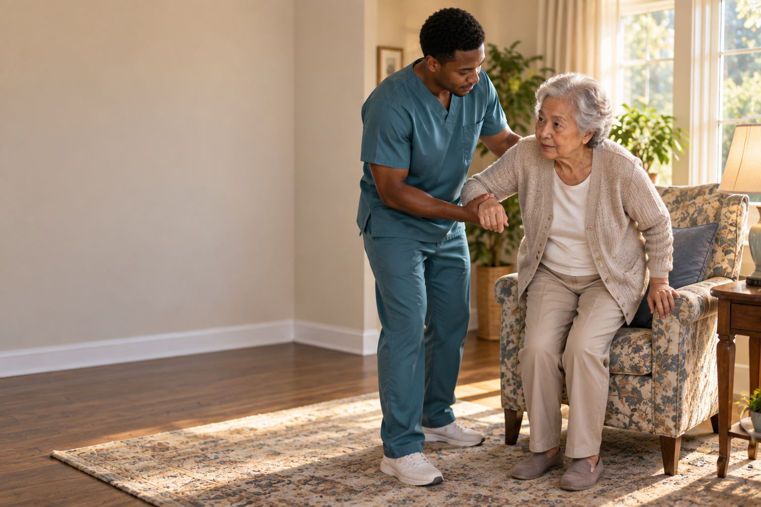 A certified home health aide helping an older adult with everyday personal care in their own home.