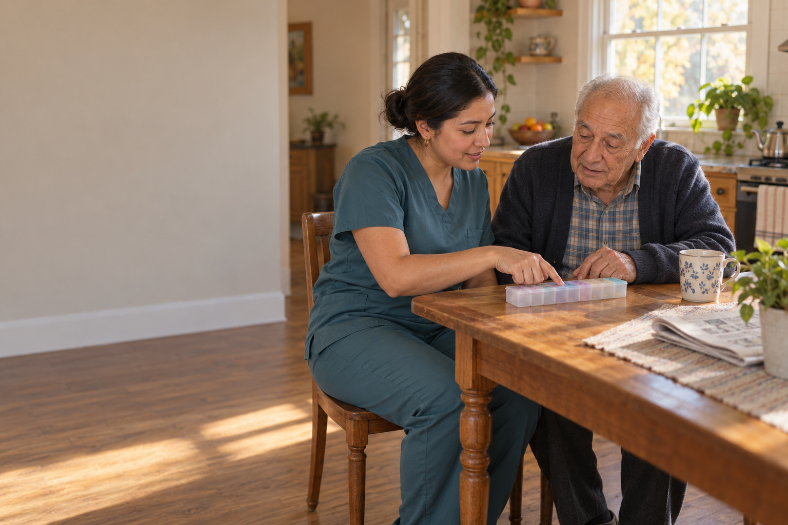 A licensed vocational nurse checking on a patient during a home health visit in the patient’s own home.