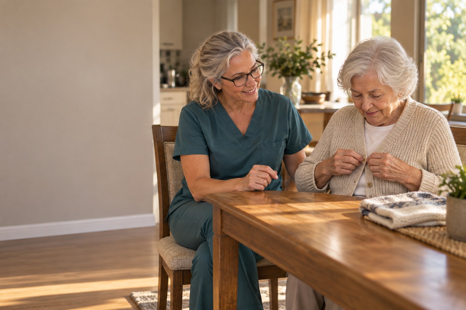 An occupational therapist helping an older adult practise a fine-motor daily-living task at a table in their own home.