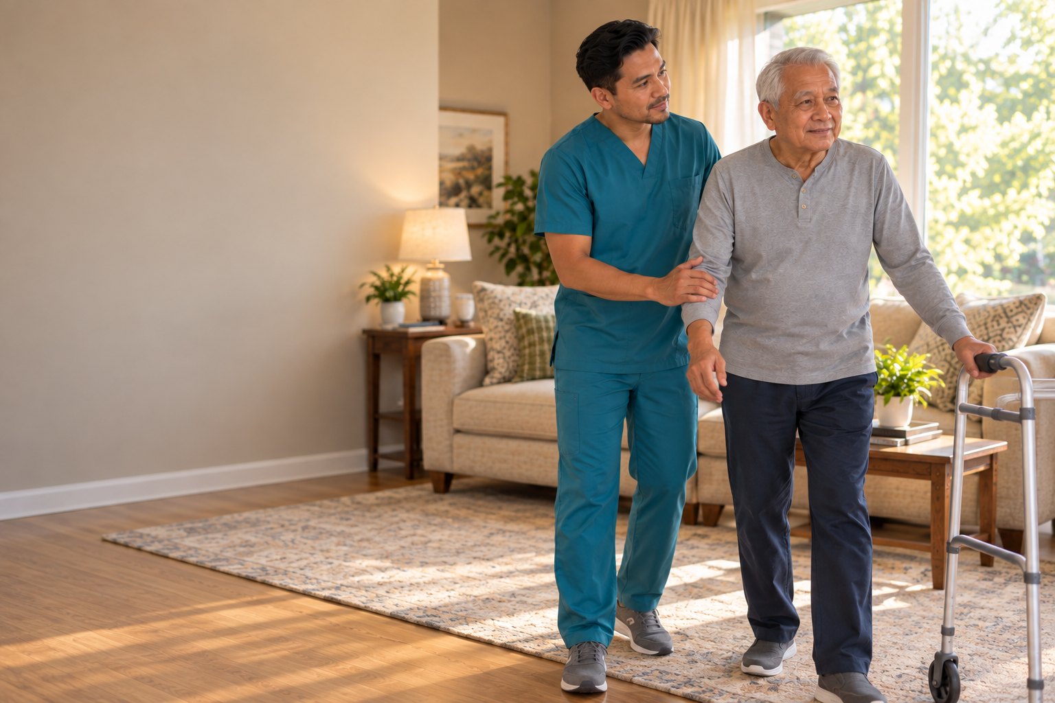 A physical therapist guiding an older adult through a standing balance exercise in the living room of their own home.