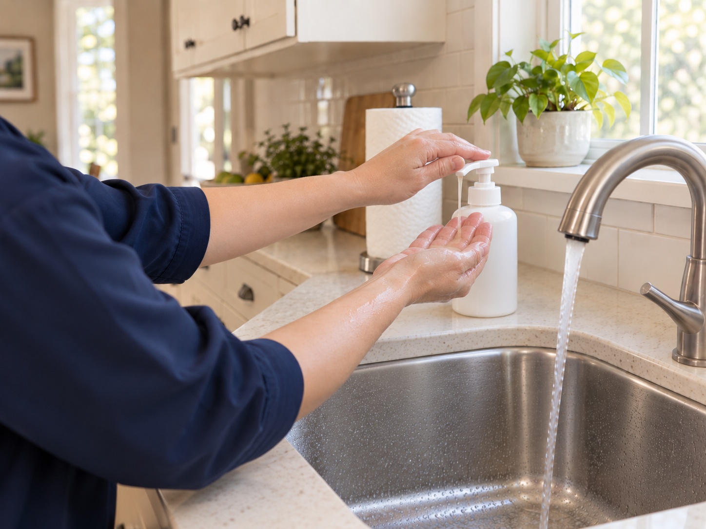 One hand pumping liquid soap into the other palm.