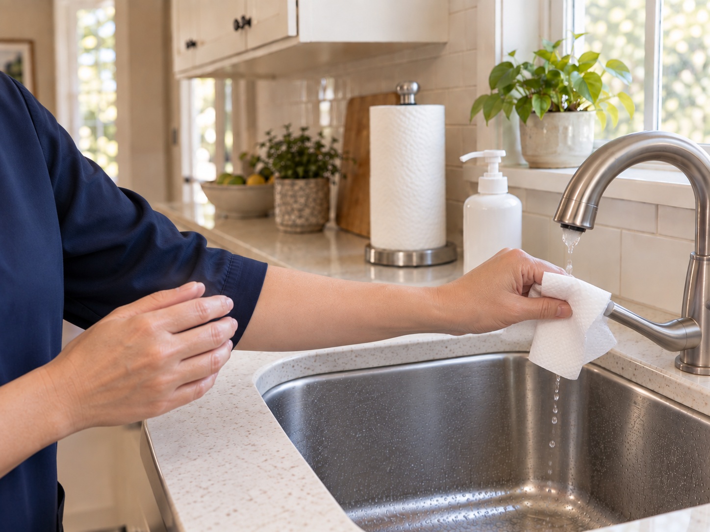 A paper towel held against the faucet lever to turn the water off.