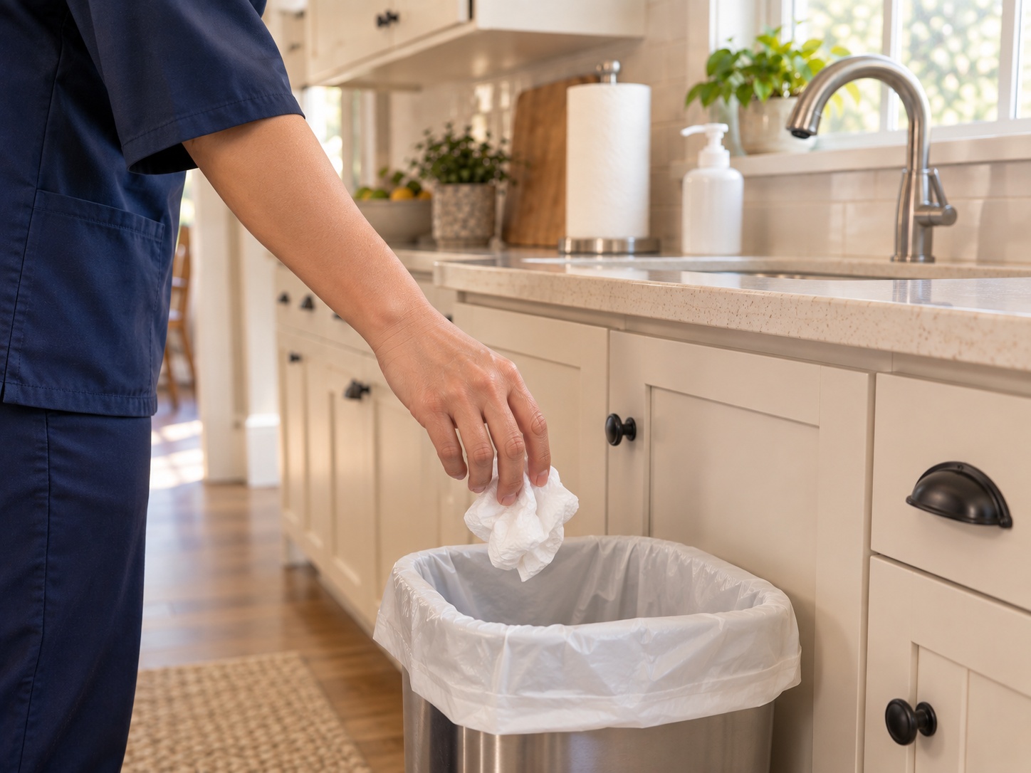 A crumpled paper towel dropped into a lined waste bin.