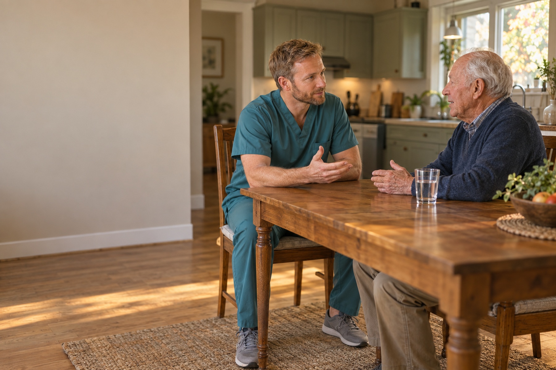 A speech-language pathologist working with an older adult on communication at their own kitchen table.