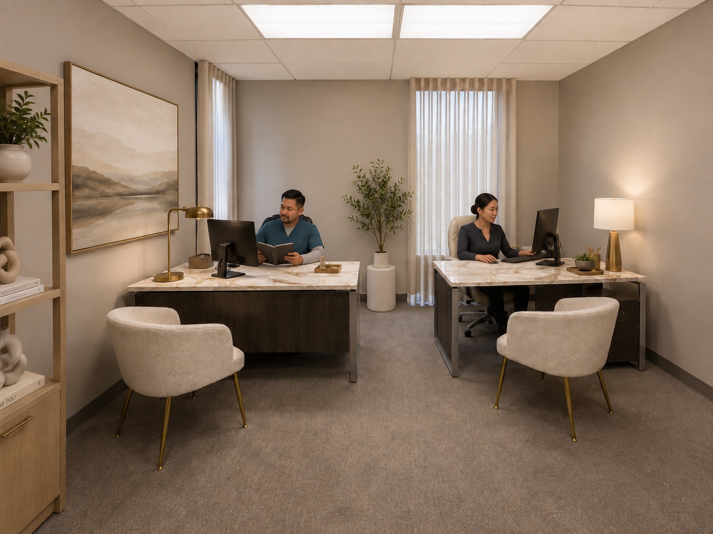 Two staff members at work in a calm, bright office: a man in teal scrubs reading a notebook at one marble-topped desk, and a woman working at her computer at the other.