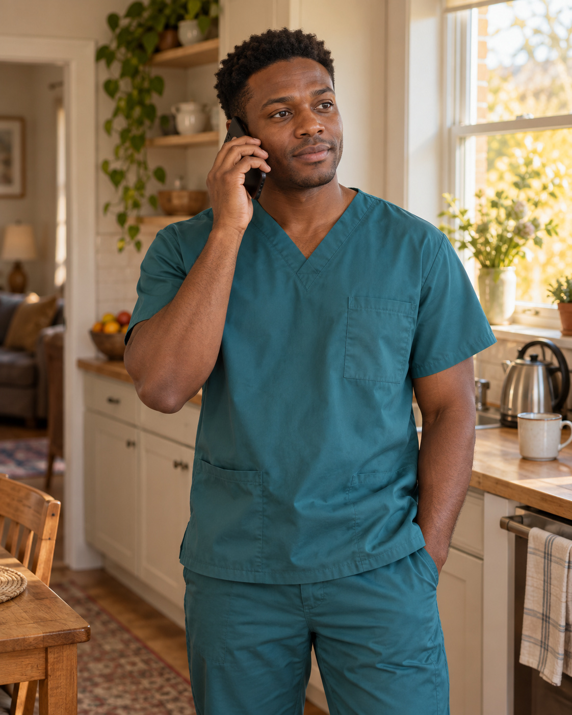 A home health aide on the phone with the supervising nurse during a visit in a patient’s home.