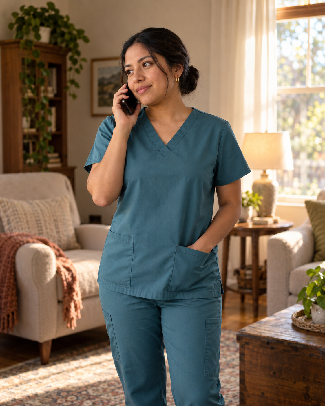 A licensed vocational nurse on the phone with her clinical manager during a visit in a patient’s home.