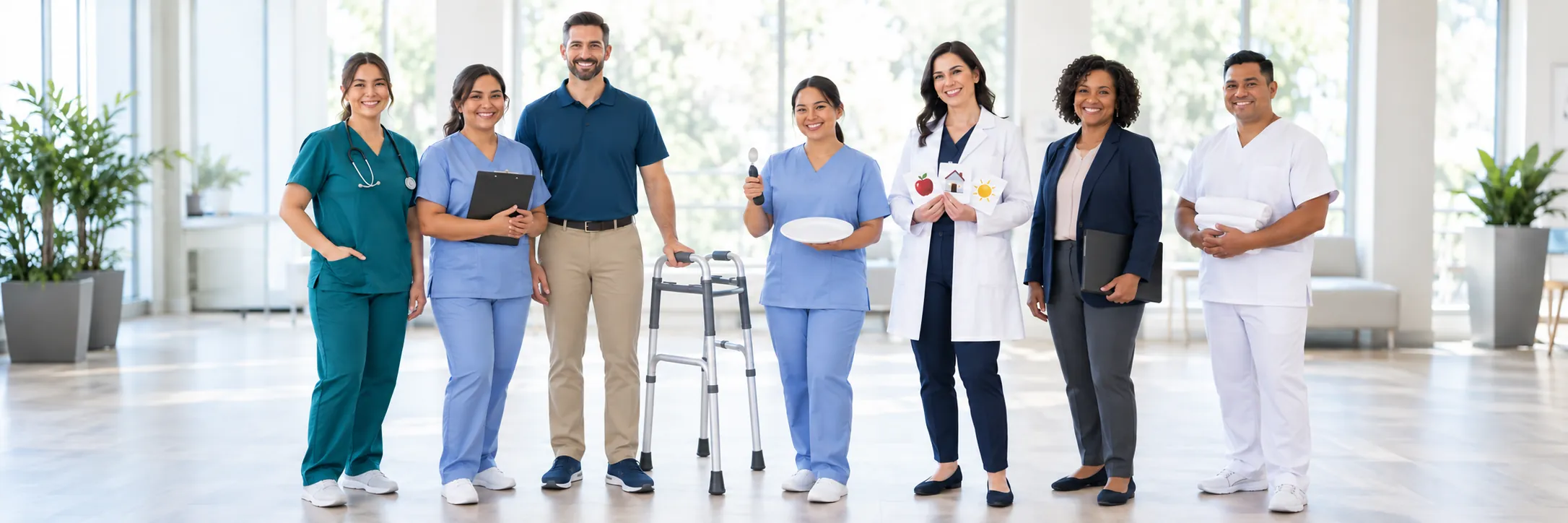 Seven Empress Healthcare clinicians standing together — a registered nurse, licensed vocational nurse, physical therapist, occupational therapist, speech-language pathologist, medical social worker and home health aide.