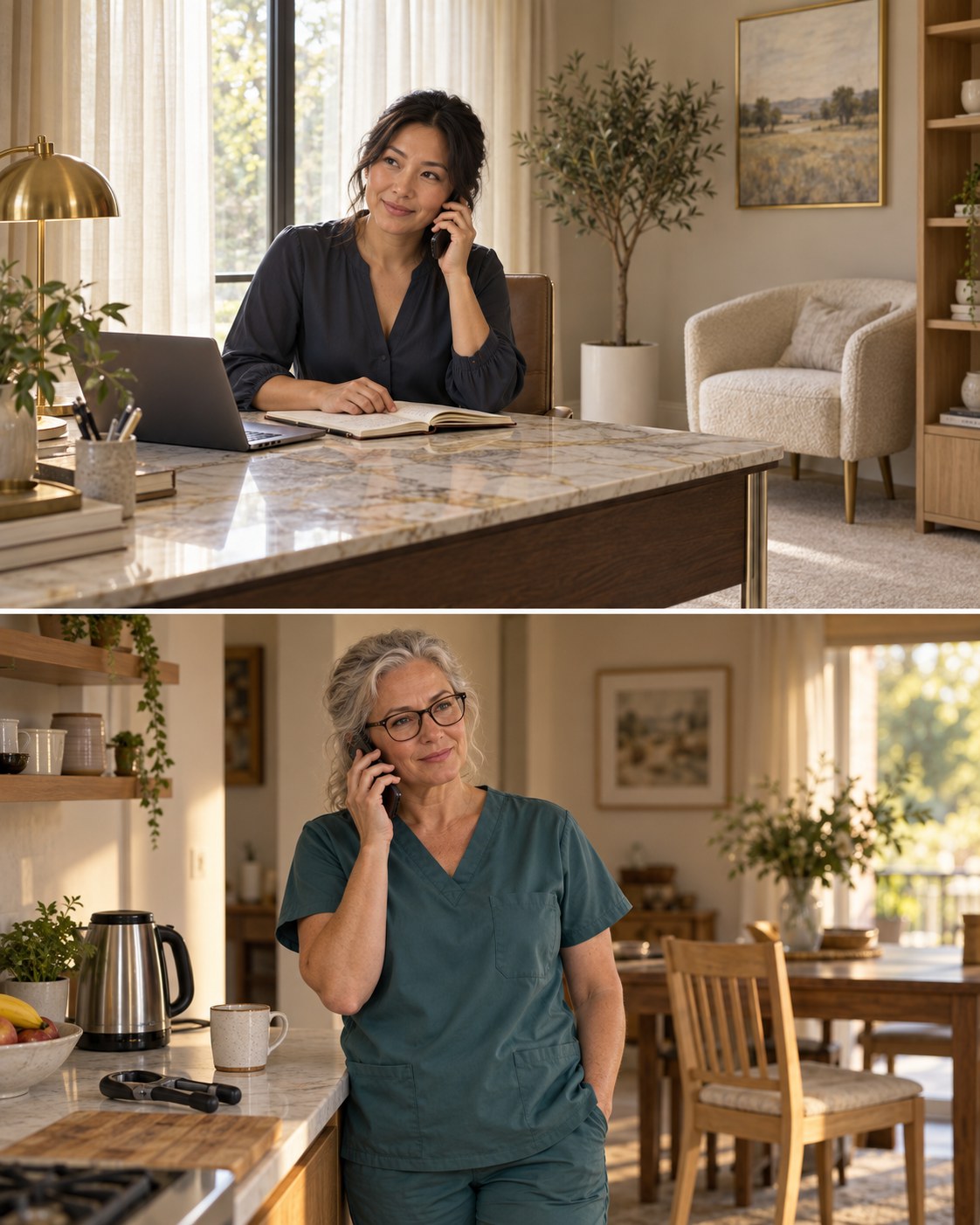 A clinical manager on the phone in the agency office, and an occupational therapist taking the call in a patient’s home.