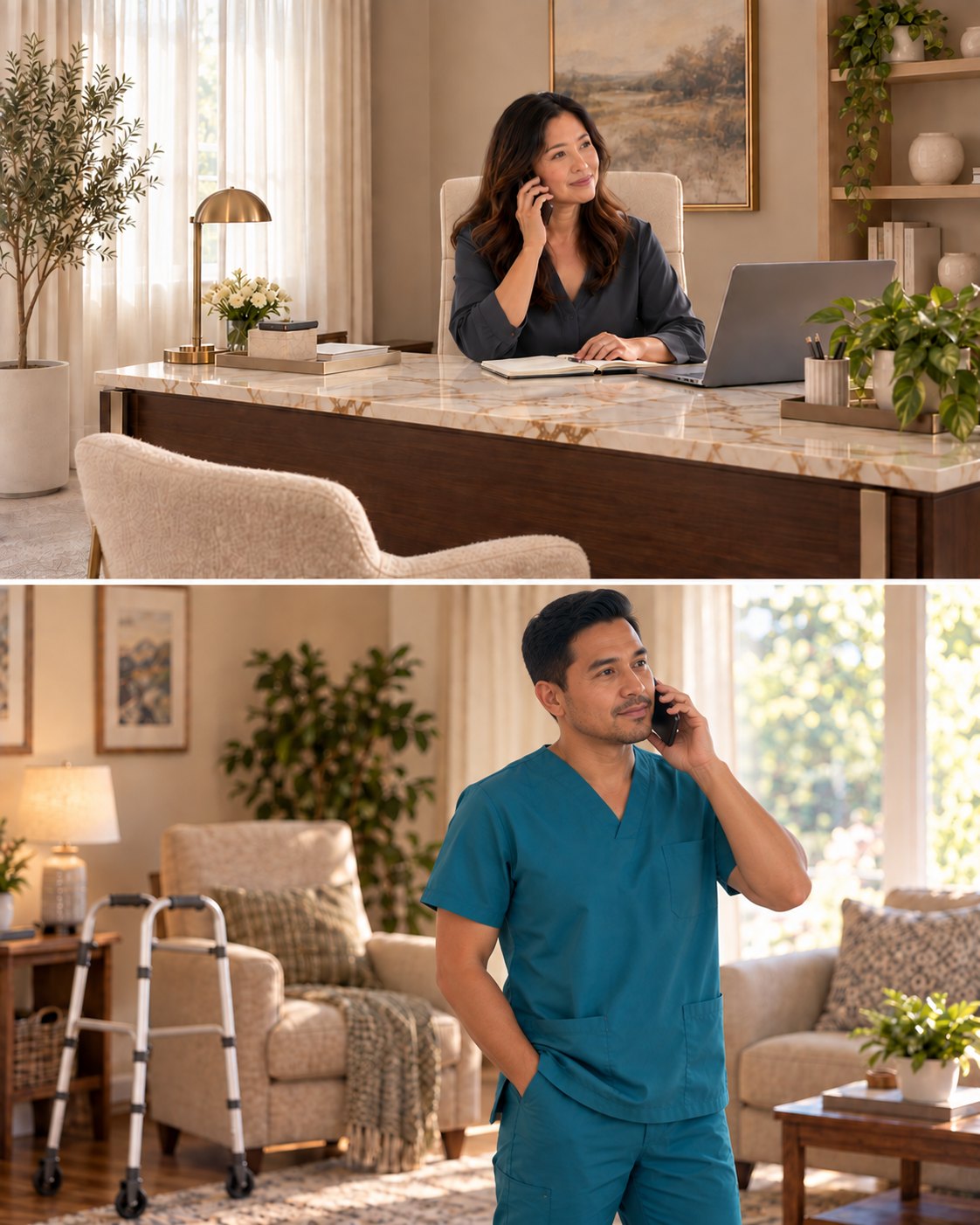 A clinical manager on the phone in the agency office, and a physical therapist taking the call in a patient’s home.